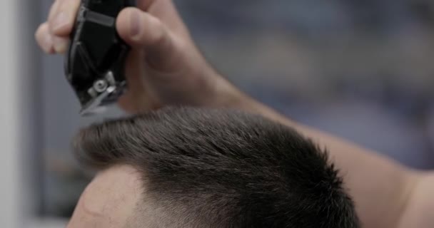 Guapo Joven Consiguiendo Corte Pelo Por Peluquero Con Afeitadora Eléctrica — Vídeo de stock