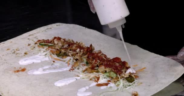 Procesul Gătit Shawarma Shawarma Pui Gătit Bucătăria Restaurantului — Videoclip de stoc