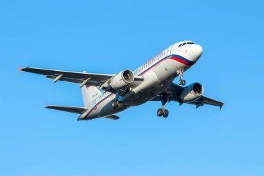 Moscow, Russia - April 17 2016: Rossiya Airbus A319-111 aircraft landing at airport.