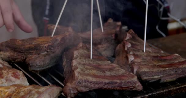 Grilled Pork Ribs Flaming Grill Temperature Sensors Ribs Flaming Grill — Stock video