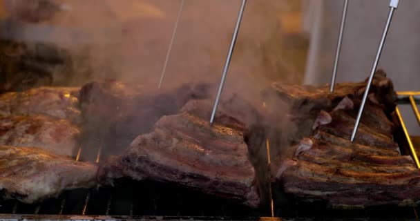 Grilled Pork Ribs Flaming Grill Temperature Sensors Ribs Flaming Grill — Vídeos de Stock