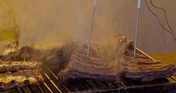 Grilled Pork Ribs Flaming Grill Temperature Sensors Ribs Flaming Grill — Stok video