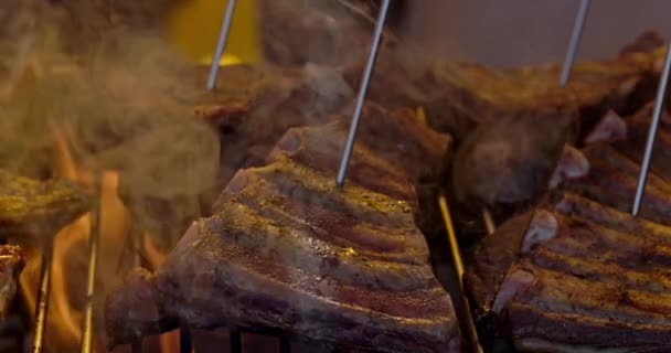 Grilled Pork Ribs Flaming Grill Temperature Sensors Ribs Flaming Grill — Stock video