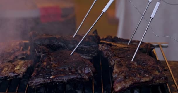 Grilled Pork Ribs Flaming Grill Temperature Sensors Ribs Flaming Grill — Stok video