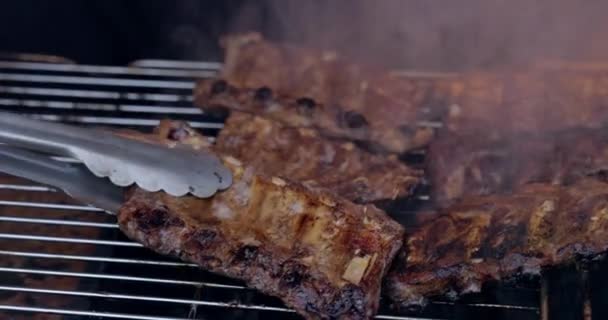 Grilled Pork Ribs Flaming Grill Temperature Sensors Ribs Flaming Grill — Stock video