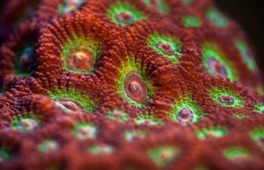 Red - Green War Coral. Favites pentagona coral. Fragging War Corals - Macro.
