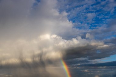 Rainbow colorful sunset on blue pink sky yellow clouds skyline. blue sky with white clouds - perfect for sky replacement