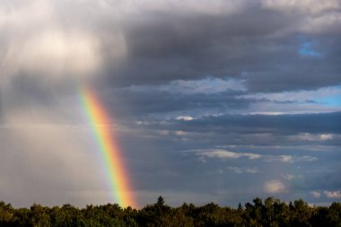 Rainbow colorful sunset on blue pink sky yellow clouds skyline. blue sky with white clouds - perfect for sky replacement