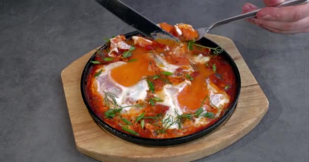 Sartén Con Shakshouka Fresco Huevos Fritos Con Salsa Tomate Pimienta — Vídeo de stock