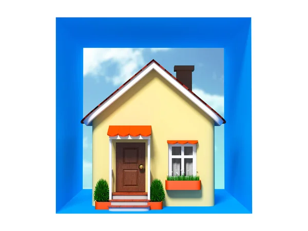 Toy house on sky background in the square — Stok Foto