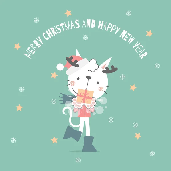 Boldog Karácsonyt Boldog Évet Aranyos Fehér Macska Ajándék Doboz Jelen — Stock Vector