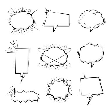 collection set of black and white pop art half tone polka dot speech bubble balloon, think, speak, talk, text box, banner, flat, design, vector illustration