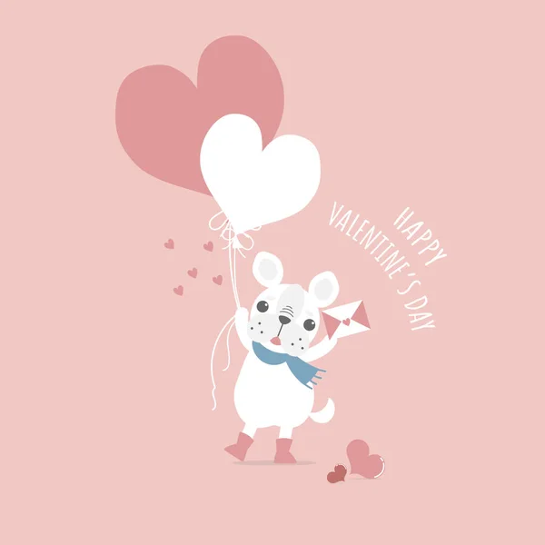 Cute Dog Pug Holding Heart Balloon Love Letter Happy Valentine — Image vectorielle