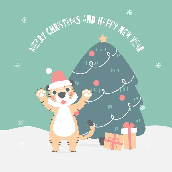 Весёлого Рождества Счастливого Нового Года Милым Тигром Подарочной Коробкой Елкой — стоковый вектор