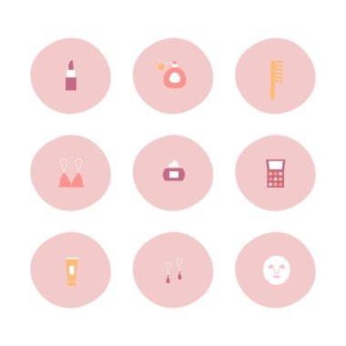 Beauty cosmetic circle icon button set with lipstick, perfume, combing hair brush, bikini, facial treatment cream, eye shadow, earrings, and facial mask, flat, vector, illustration, design, isolated