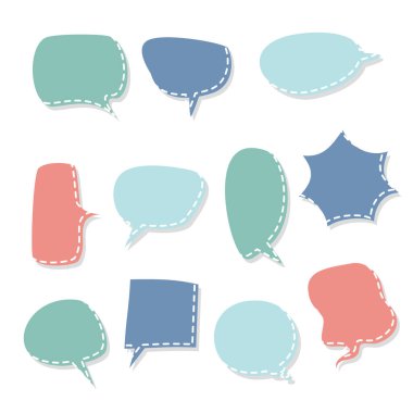 Boş pastel renk el çizimleri, kesik çizgi konuşma balonu, konuşma metni kutusu, afiş, düz vektör çizim tasarımı