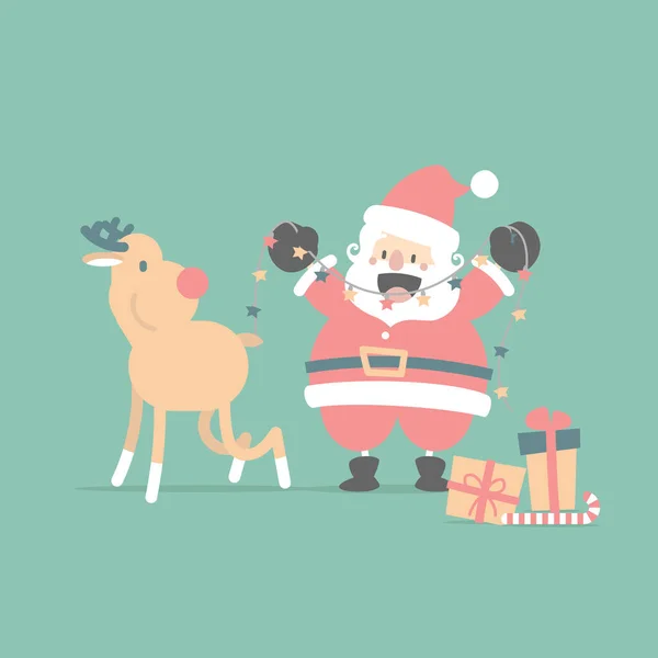 Joyeux Noël Bonne Année Avec Mignon Père Noël Claus Rennes — Image vectorielle