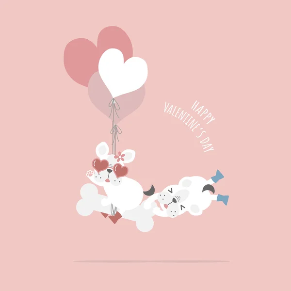 Cute Couple French Bulldog Pug Balloon Bone Happy Valentine Day — Διανυσματικό Αρχείο