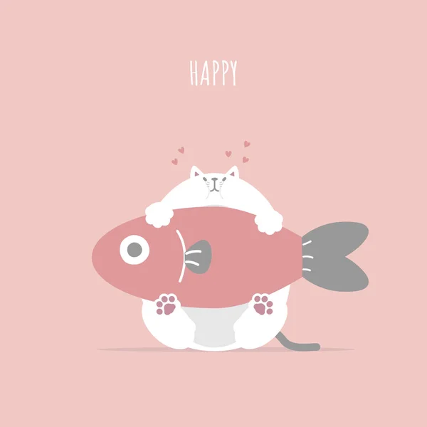 Милий Милий Білий Кіт Рибою Щасливий День Святого Валентина Концепція — стоковий вектор