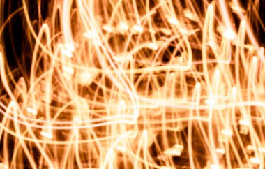 Yellow led lights out of focus and in photo with high exposure on black background making the painting effect making light lines in motion.