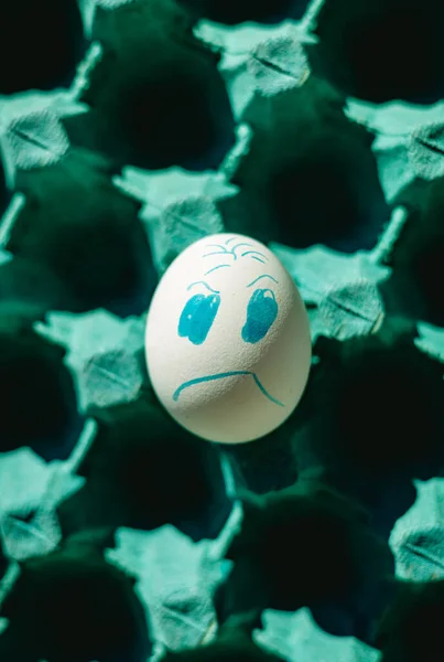 close up white egg with sad face