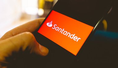 Brasilia, Federal district - Brazil. 2022. Santander bank logo on the phone screen