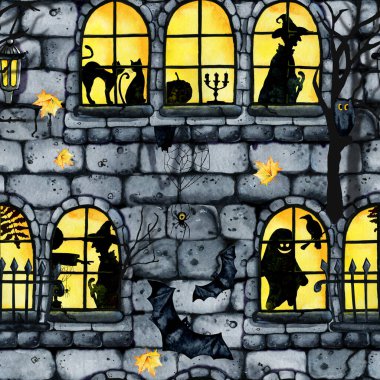 Gotik şatonun kusursuz deseni, cadılar bayramı korkunç evi ve ziyafet salonu. El çizimi suluboya çizimi beyaz beyaz üzerine izole edilmiş. Cadılar Bayramı için penceredeki bir cadının silueti.