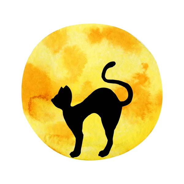 Black silhouette of a black cat on the background of a yellow moon. Hand drawn watercolor illustration isolated on white background. Halloween design, horror scenes, icon — Stock Photo, Image