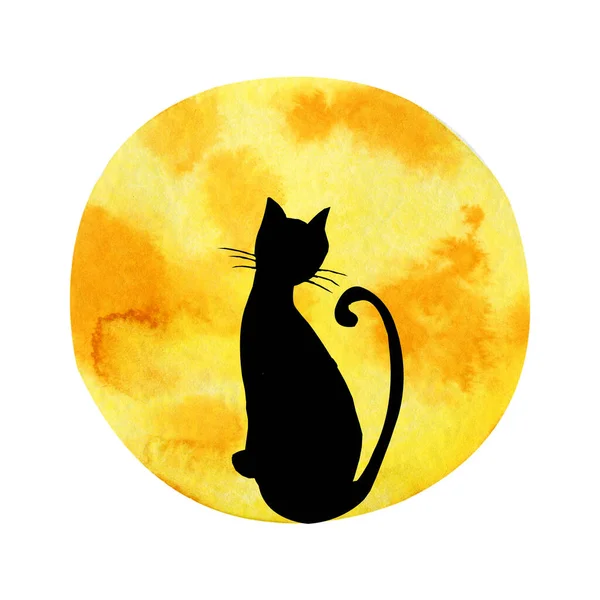Black silhouette of a black cat on the background of a yellow moon. Hand drawn watercolor illustration isolated on white background. Halloween design, horror scenes, icon — Stock Photo, Image