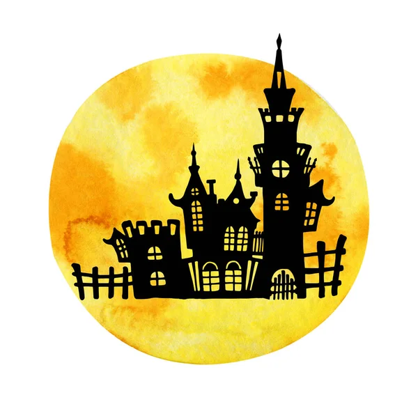 Schwarze Silhouette eines gotischen Schlosses auf dem Hintergrund eines gelben Mondes. Handgezeichnete Aquarell-Illustration isoliert auf weißem Hintergrund. Halloween-Design, Horrorszenen, Ikone — Stockfoto