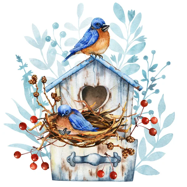 Drewniany domek dla ptaków z gniazdem i rodzinnym błękitnym ptakiem. Kwiaty dla wygody w domu. Zimowe Święta i Wielkanoc. Ręcznie rysowane ilustracja akwarela izolowane na białym tle zbliżenie — Zdjęcie stockowe