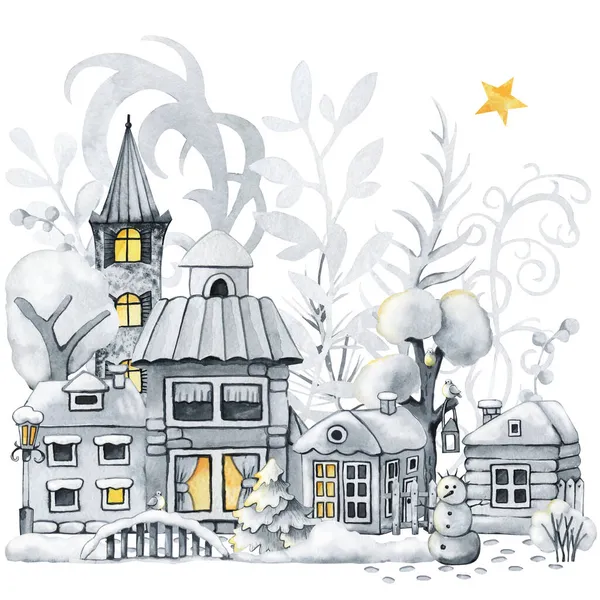 Winterstad, kerstsneeuw huizen en bomen. Landschapsscène schepper. Met de hand getekend aquarel illustratie geïsoleerd op witte achtergrond — Stockfoto