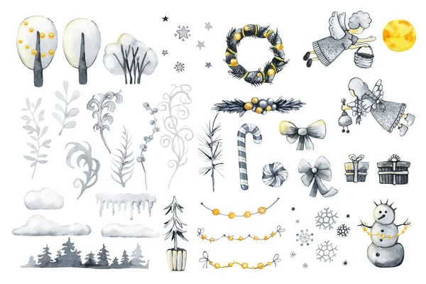 Wintersneeuwbomen, kerstengel en ster. zwart en wit aquarel illustratie geïsoleerd op witte achtergrond — Stockfoto