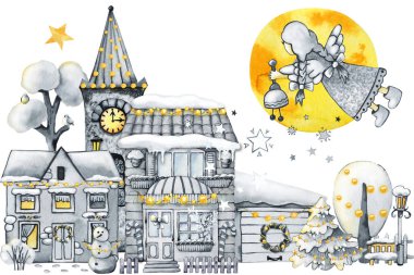 Kış kasabası, Noel kar evleri ve melek kız. Beyaz arkaplanda el çizimi suluboya çizimi