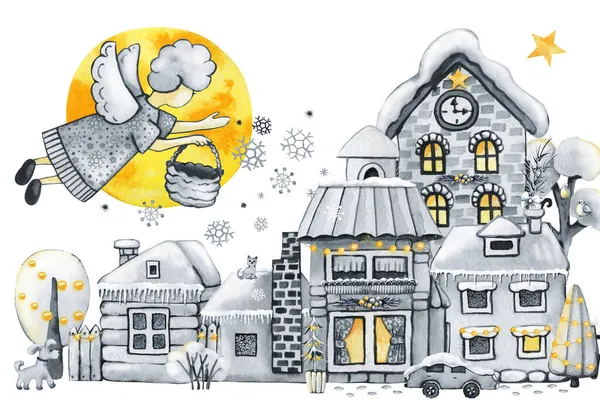 Winterstad, kersthuizen en engelenjongen. Met de hand getekend aquarel illustratie geïsoleerd op witte achtergrond — Stockfoto