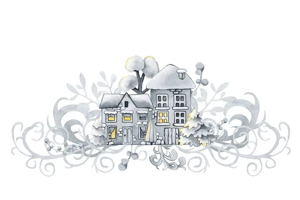 Cidade de inverno, casas de neve de Natal e menina anjo. ilustração aquarela desenhada à mão isolado no fundo branco — Fotografia de Stock
