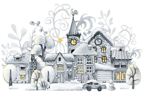 Winterstad, kersthuizen en engelenmeisje. Met de hand getekend aquarel illustratie geïsoleerd op witte achtergrond — Stockfoto