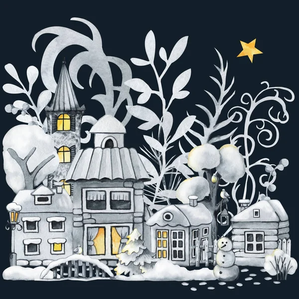 Winterstad, kersthuizen en engelenmeisje. Met de hand getekend aquarel illustratie op zwarte achtergrond — Stockfoto