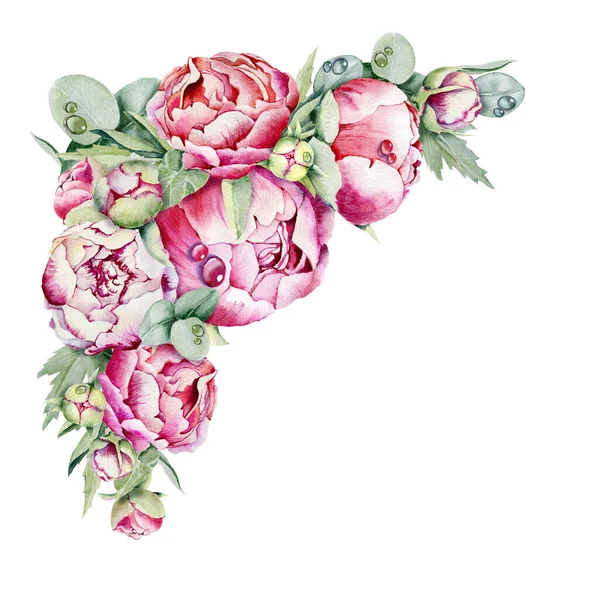 Μπουκέτο παιώνιες, κορνίζα λουλουδιών, στεφάνι. Χειροποίητη ακουαρέλα που απομονώνεται σε λευκό φόντο. Λουλούδια και φύλλα ευκαλύπτου για το σχεδιασμό καρτ ποστάλ, συγχαρητήρια — Φωτογραφία Αρχείου