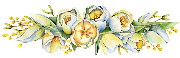 Bouquet de tulipes, fleurs printanières, brindilles de mimosa. Illustration aquarelle isolée sur fond blanc. Carte postale Journée des mères, Journée internationale de la femme, mariage — Photo