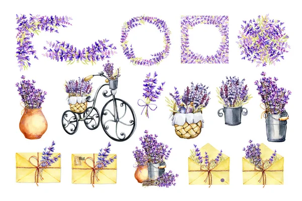 Velký sadu levandulových květin, složení květin, kolo, kytice, košík. Ručně kreslené akvarel ilustrace izolované na bílém pozadí — Stock fotografie