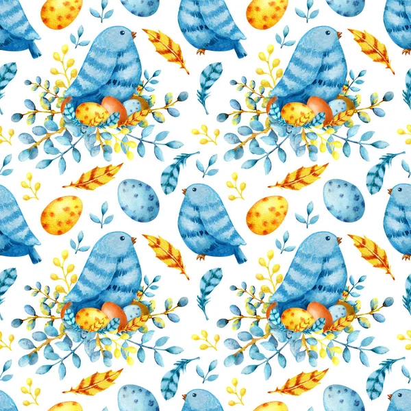 Pasăre albastră de Paşte în cuib. Ramuri de salcie. Model fără sudură, hârtie digitală, ilustrație de acuarelă desenată manual izolată pe fundal alb — Fotografie, imagine de stoc