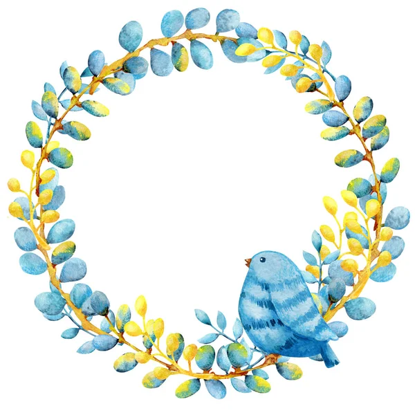 Στεφάνι πασχαλινό με ιτιά και μπλε πουλί. Χειροποίητη ακουαρέλα που απομονώνεται σε λευκό φόντο. στρογγυλό πλαίσιο — Φωτογραφία Αρχείου