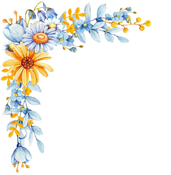Floral catch frame wild flowers, chamomile, forget-me-not, bluebell, calendula. Hand drawn watercolor illustration isolated on white background — Foto de Stock