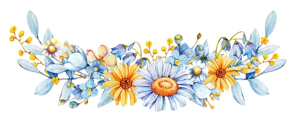푸른 노란색 들판의 야생화, 데이지와 블루 벨의 꽃다발. 흰색 바탕에 분리되어 있는 손으로 그린 수채화 — 스톡 사진