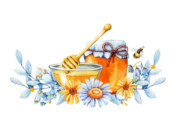 Pot de confiture, miel, un produit apicole isolé sur fond blanc. Décryptages aquarelle illustration. Emballage et conception d'emballage pour le miel, l'industrie alimentaire, l'apiculteur — Photo