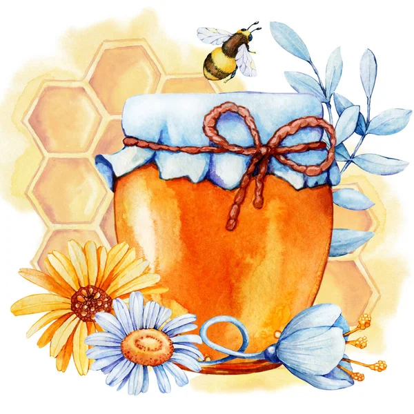 Reçel kavanozu, tatlım, beyaz arka planda izole edilmiş arıcılık ürünü. Suluboya resimlerini yakından çek. Bal, gıda endüstrisi ve arı yetiştiricisi için ambalaj ve ambalaj tasarımı