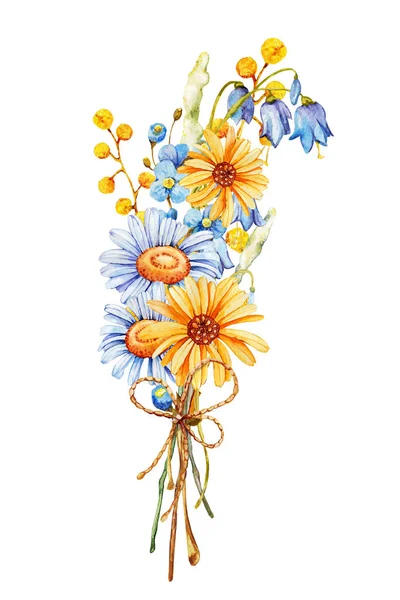 Campo azul-amarillo flores silvestres, ramo de flores de margaritas y campanas azules. Ilustración acuarela dibujada a mano aislada sobre fondo blanco — Foto de Stock