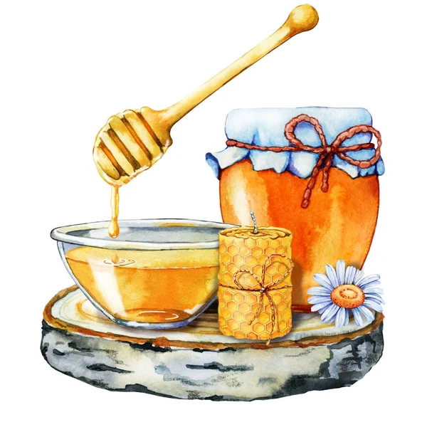 Pot de confiture, miel, un produit apicole isolé sur fond blanc. Décryptages aquarelle illustration. Emballage et conception d'emballage pour le miel, l'industrie alimentaire, l'apiculteur — Photo