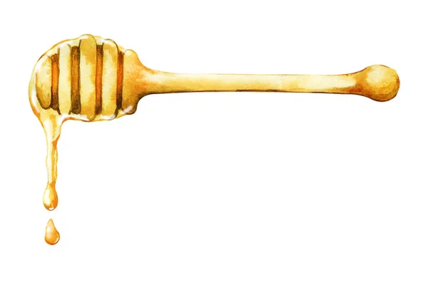 Trärund sked för honung med droppar. Hand dras akvarell illustration isolerad på vit bakgrund — Stockfoto